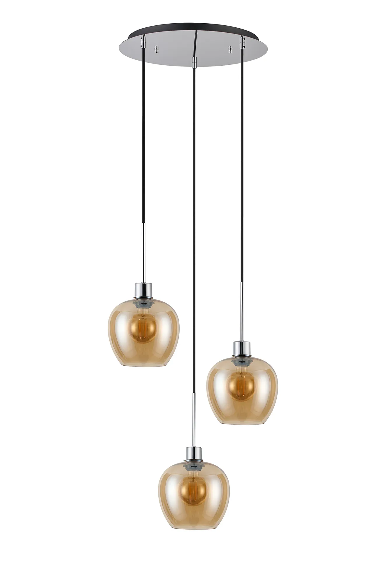 Lori 40cm Round Pendant, 3 Light Adjustable E27, Polished Chrome/Amber Wine Shades DK1276  Deco Lori Polished Chrome